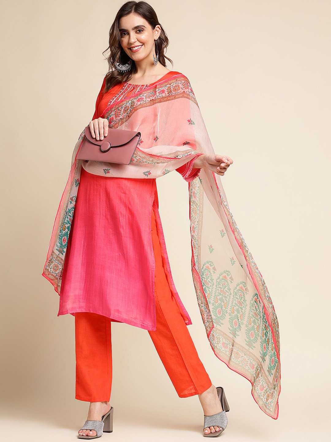 

Ishin Red Floral Embroidered Thread Work Pure Cotton Kurta with Trousers & Dupatta