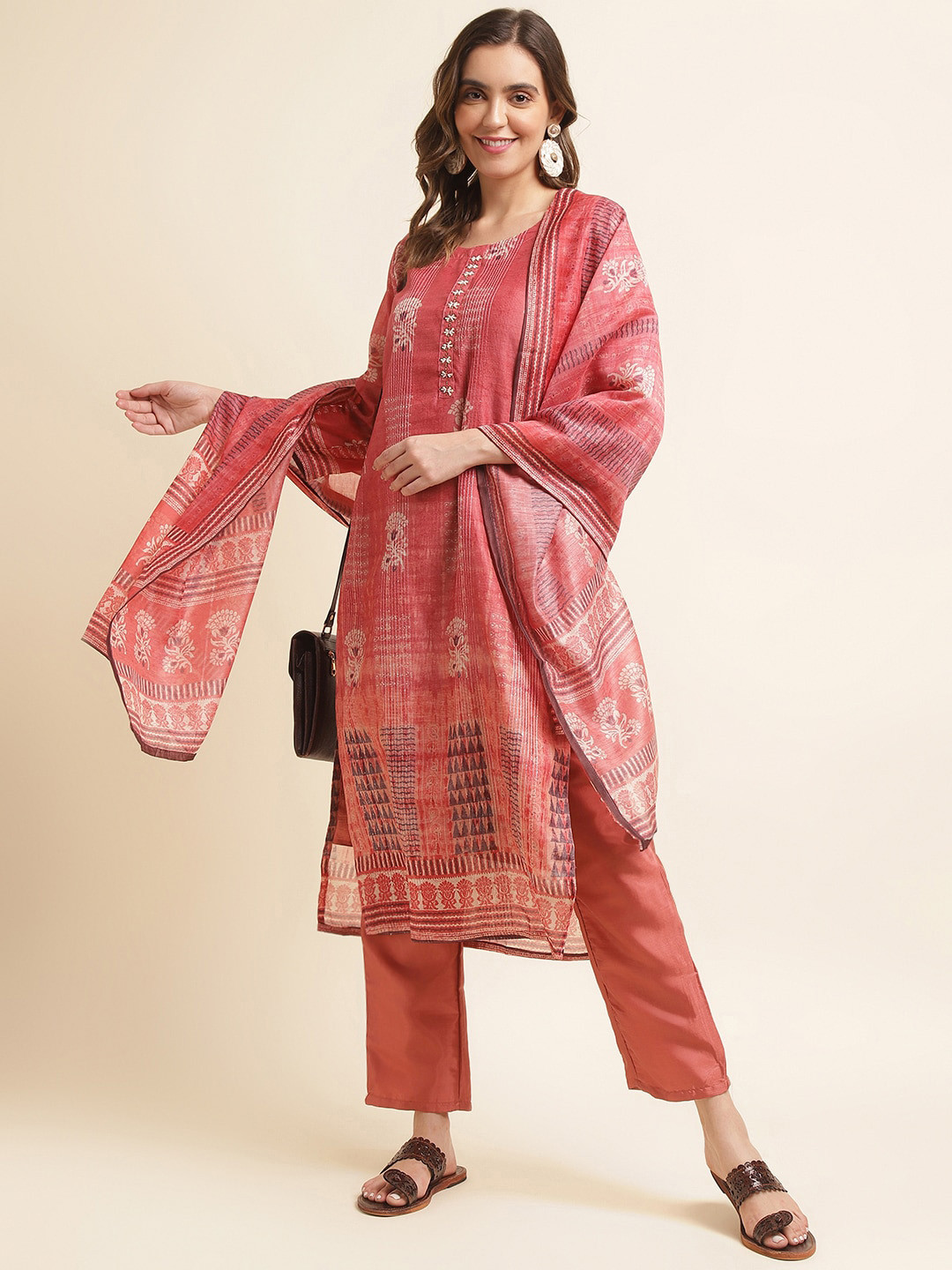 

Ishin Pink Regular Beads and Stones Kurta with Trousers & Dupatta
