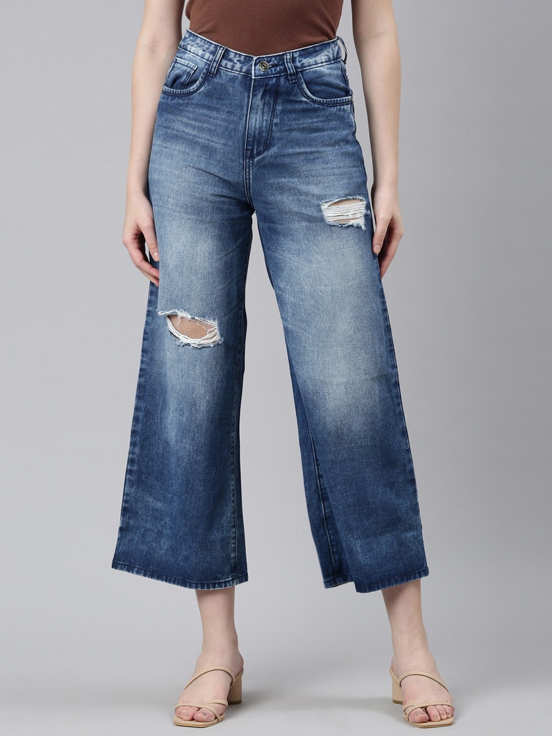 

ZHEIA Women Wide Leg High-Rise Mildly Distressed Heavy Fade Stretchable Jeans, Blue