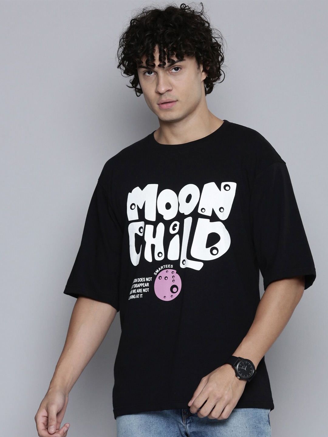 

SMARTEES Typography Printed Cotton Oversized Fit T-shirt, Black