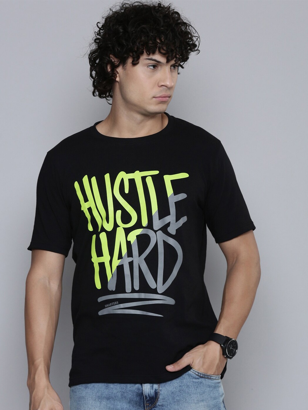 

SMARTEES Typography Printed Round Neck Cotton T-shirt, Black