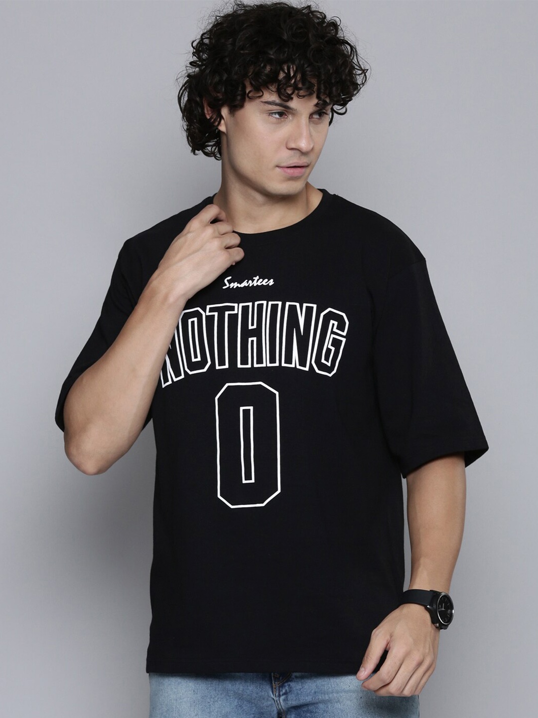 

SMARTEES Typography Printed Round Neck Loose Cotton T-shirt, Black