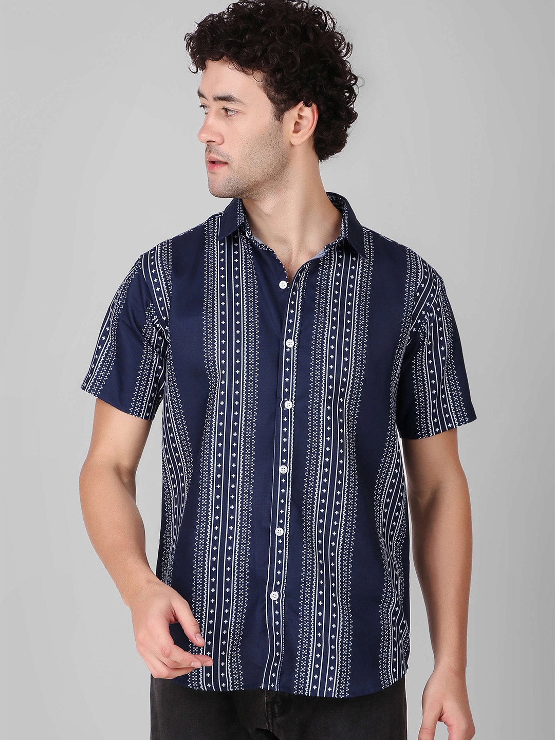 

Koshin Smart Slim Fit Geometric Printed Linen Casual Shirt, Navy blue