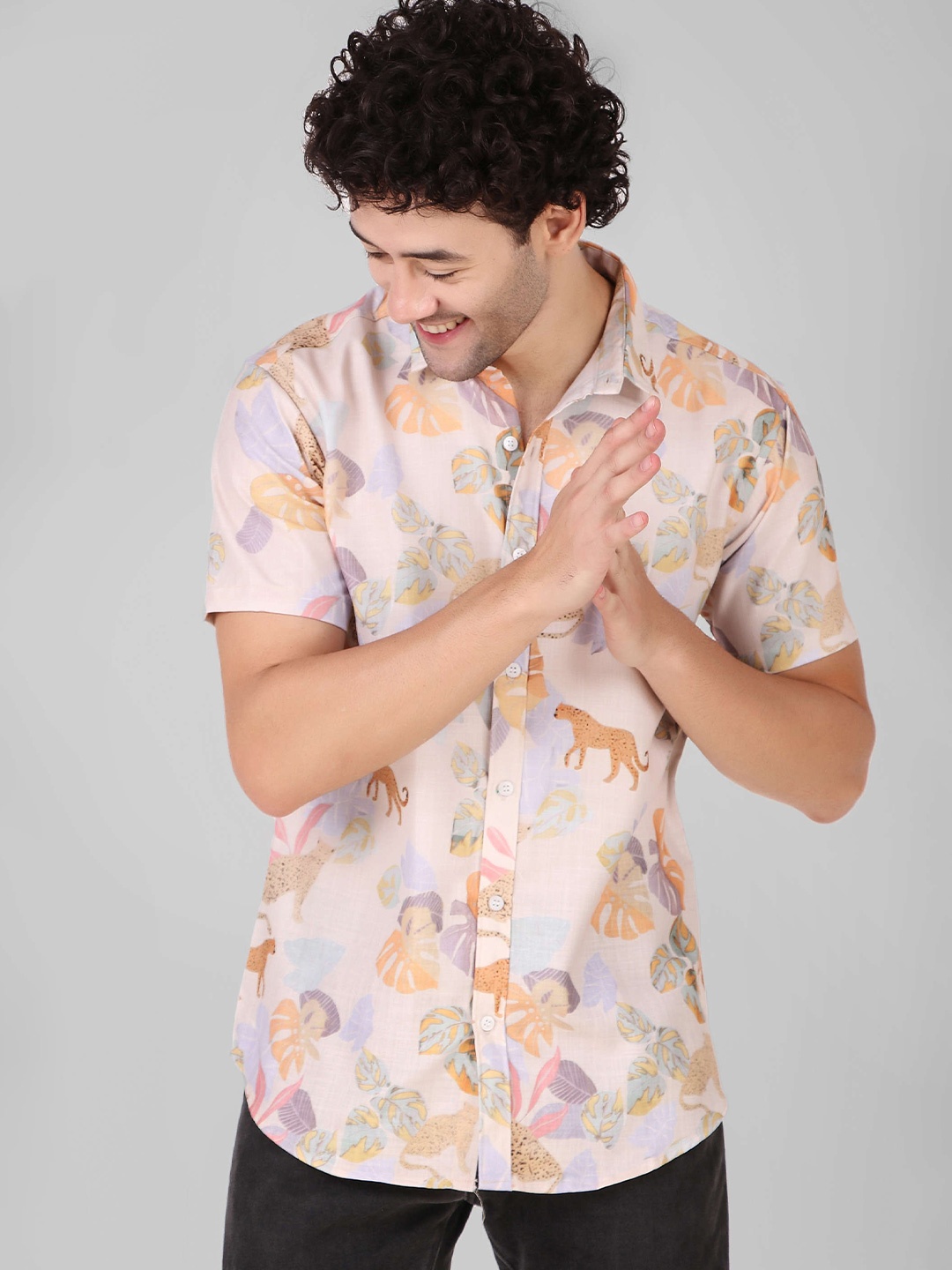 

Koshin Smart Slim Fit Graphic Printed Casual Shirt, Beige