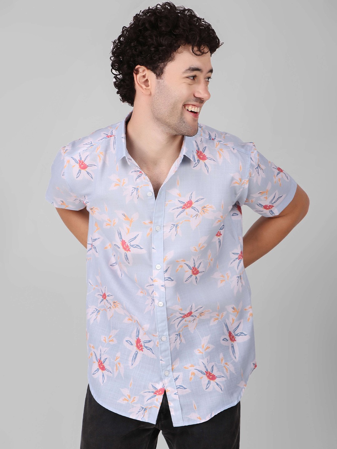 

Koshin Men Smart Slim Fit Floral Printed Pure Linen Casual Shirt, Blue