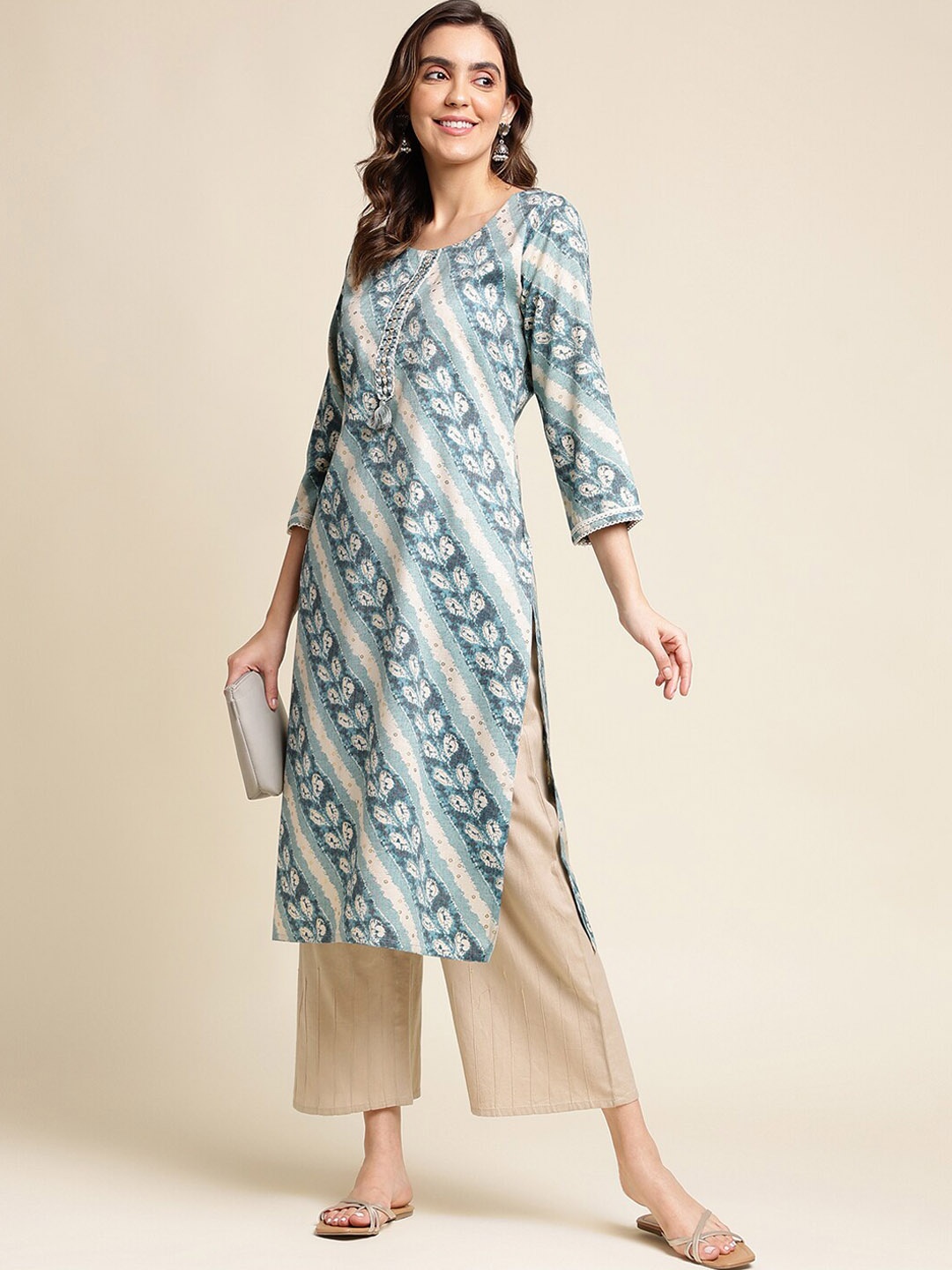 

Ishin Blue & Off-White Ethnic Motifs Printed Mirror Work Straight Kurta
