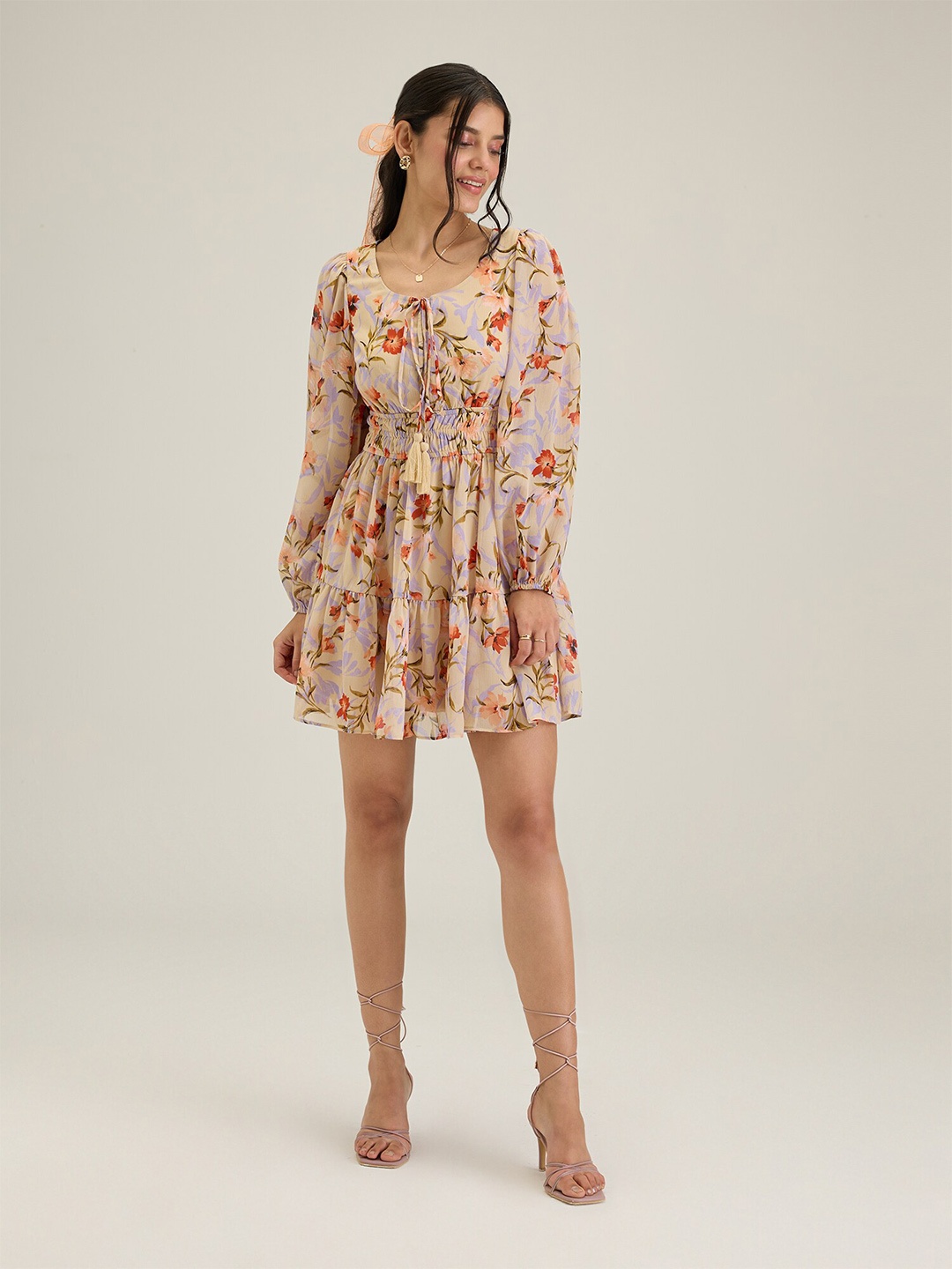 

20Dresses Floral Printed Tie-Up Neck Puff Sleeves Smocked Chiffon Casual Empire Dress, Yellow