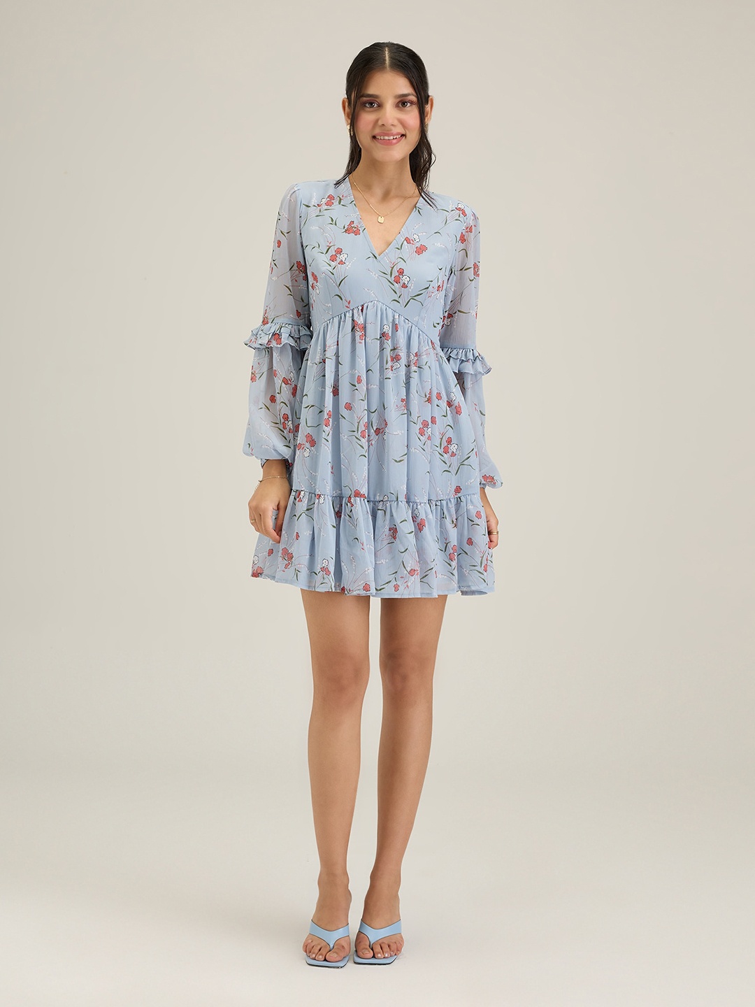 

20Dresses Blue Floral Print V-Neck Fit & Flare Dress