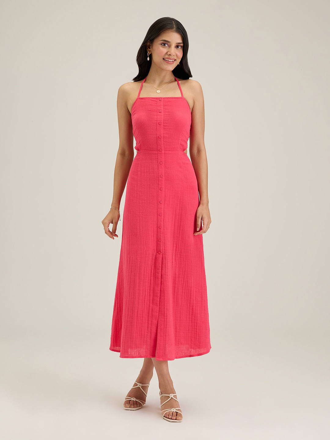 

20Dresses Cotton Halter Neck Smocked A-Line Midi Dress, Pink