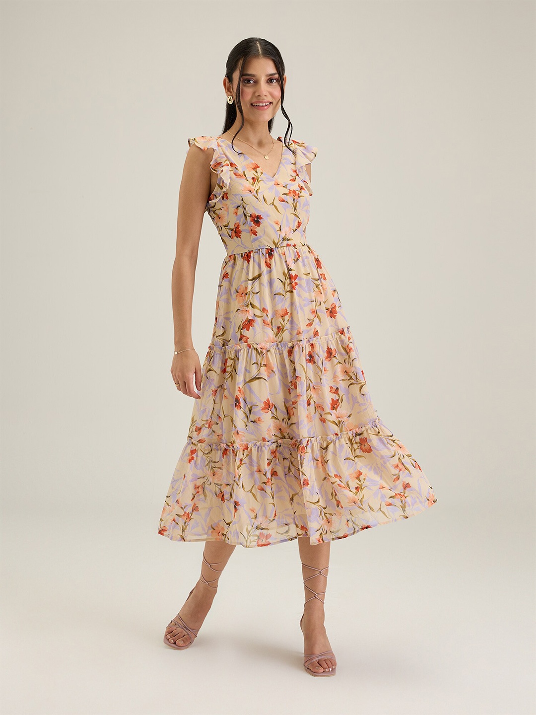 

20Dresses Beige Orange & Lavender Colour Floral Printed Fit & Flare Tiered Dress