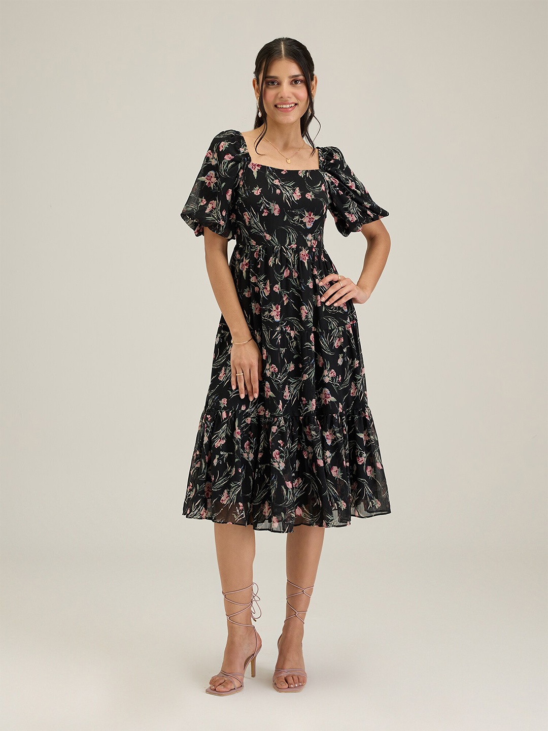 

20Dresses Black Floral Printed Tiered Gathered Details Fit & Flare Dress