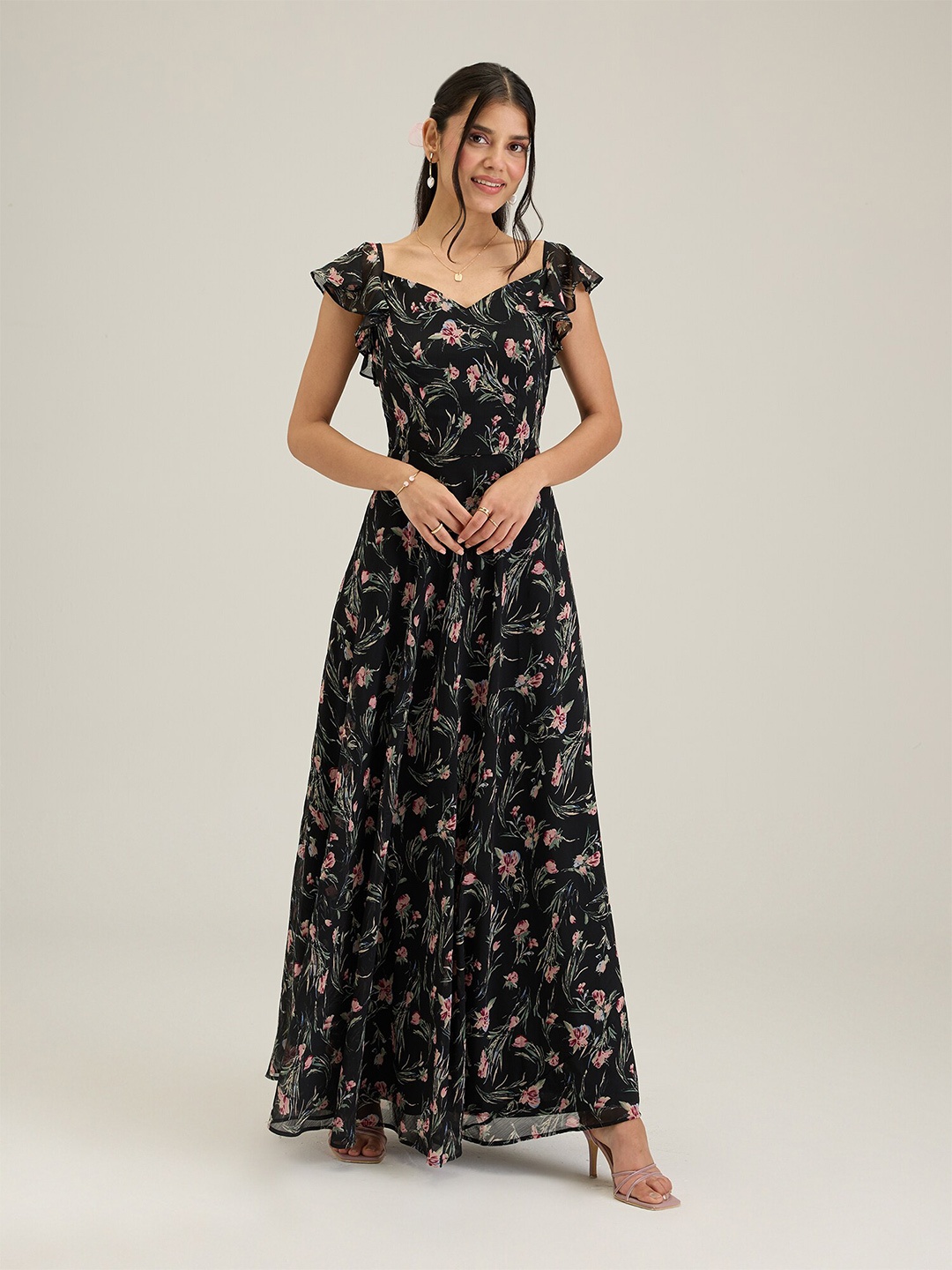 

20Dresses Floral Printed Flutter Sleeve Chiffon Casual Maxi Dress, Black