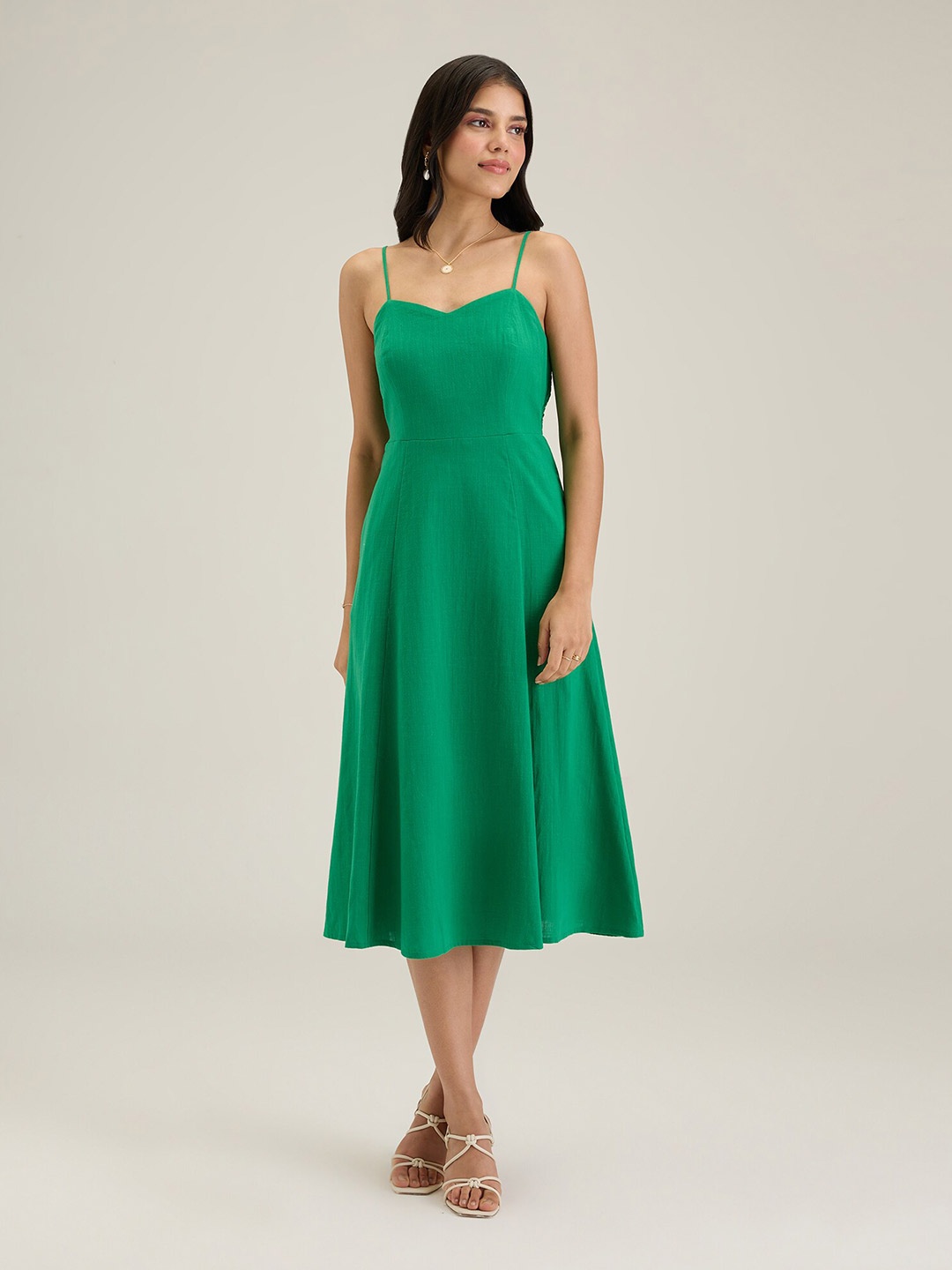 

20Dresses Pure Cotton Green Solid Sleeveless A-Line Midi Dress