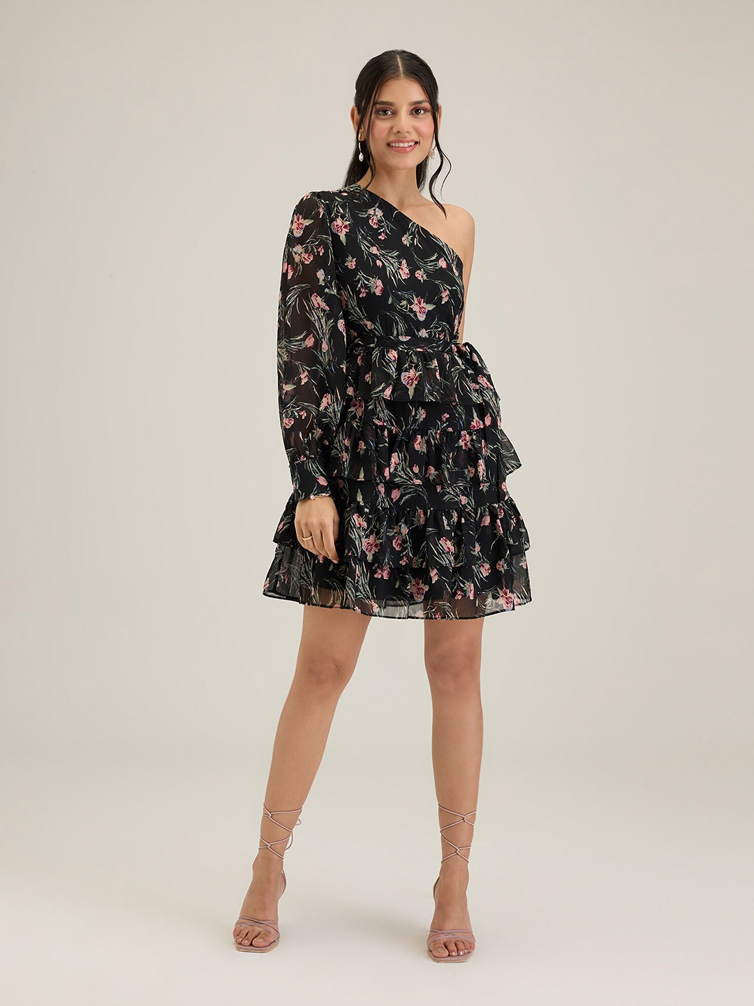 

20Dresses Black Floral Print One-Shoulder Layered Fit & Flare Dress