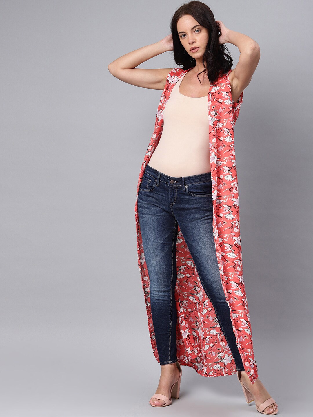 

Mast & Harbour Floral Printed Longline Shrug, Coral