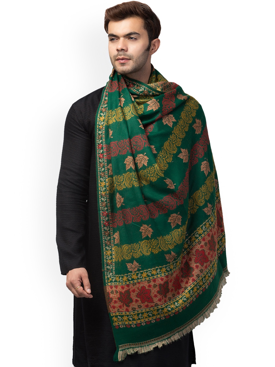 

Tweedle Men Ethnic Motifs Woven Design Reversible Shawl, Green