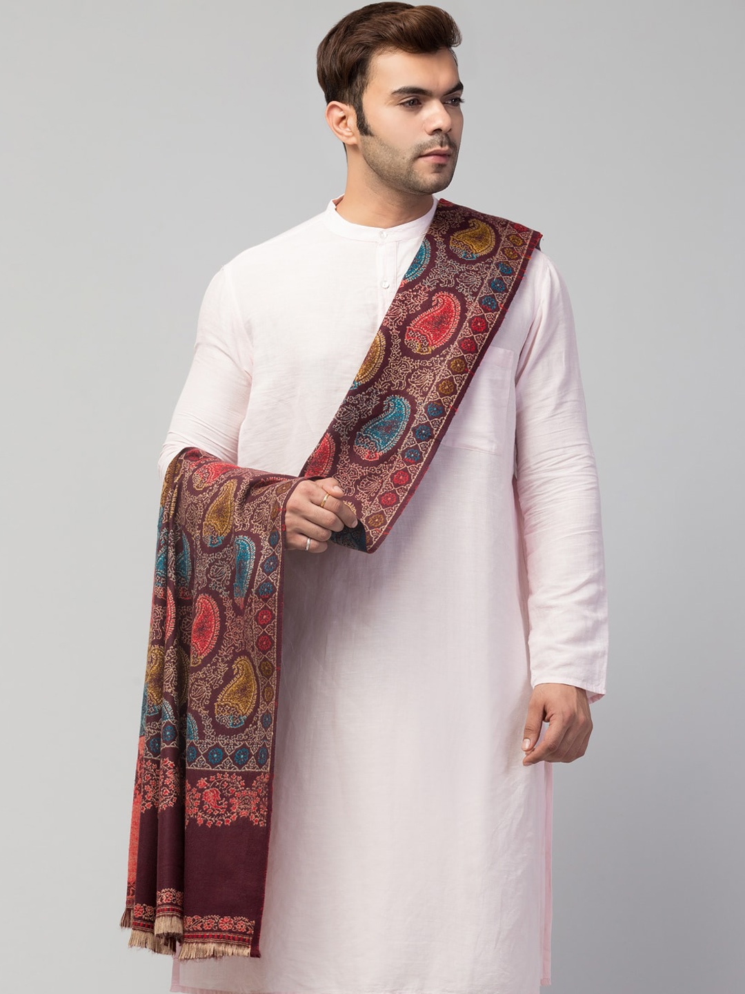 

Tweedle Men Ethnic Motifs Woven Design Wool Shawl, Brown