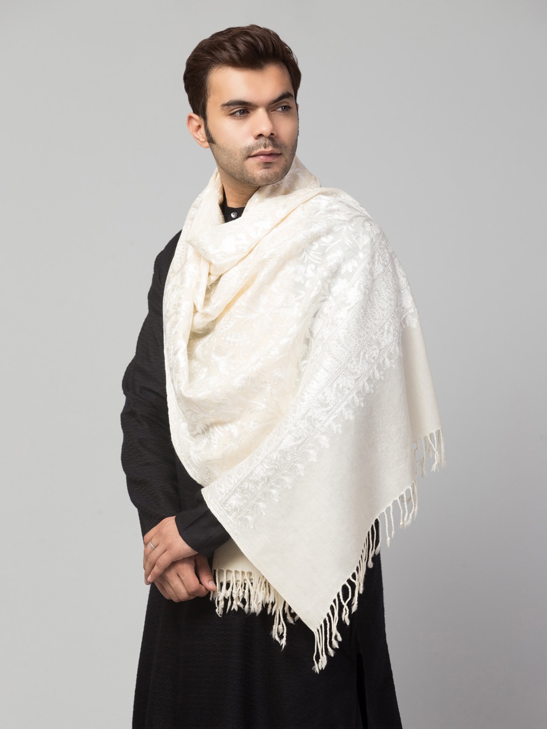 

Tweedle Kashmiri Embroidered Pure Wool Stole, Off white