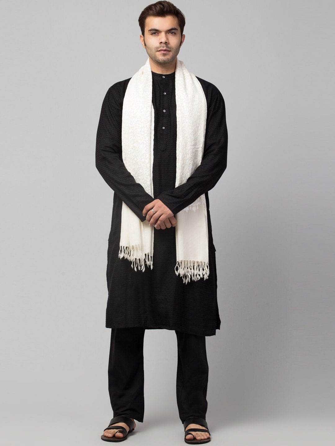 

Tweedle Men Kashmiri Embroidered Pure Wool Stole, Off white