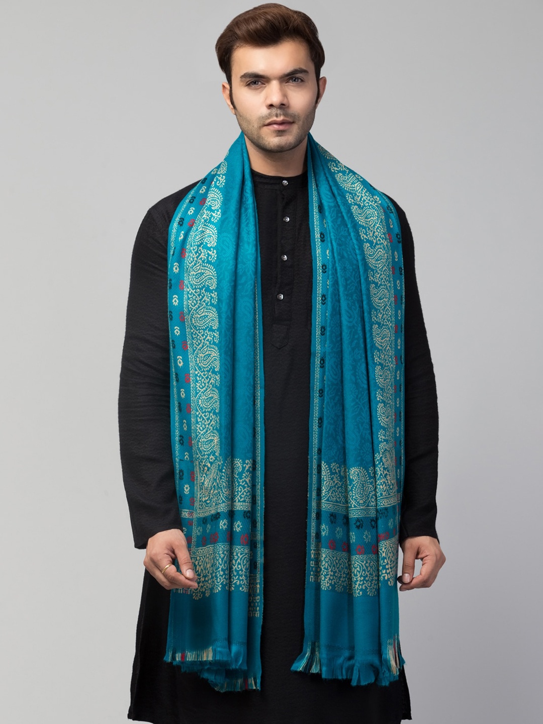 

Tweedle Men Paisley Border Woven Design Woolen Shawl, Turquoise blue