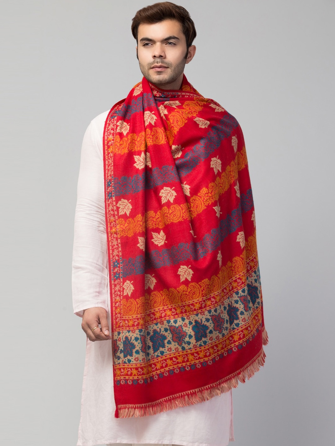 

Tweedle Woven Chinar Patta Design Reversible Woolen Shawl, Red