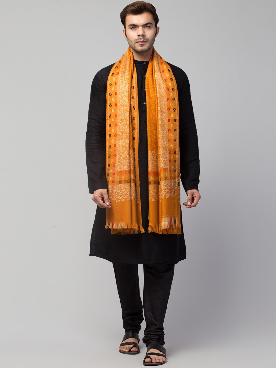 

Tweedle Men Paisley Border Woolen Shawl, Mustard