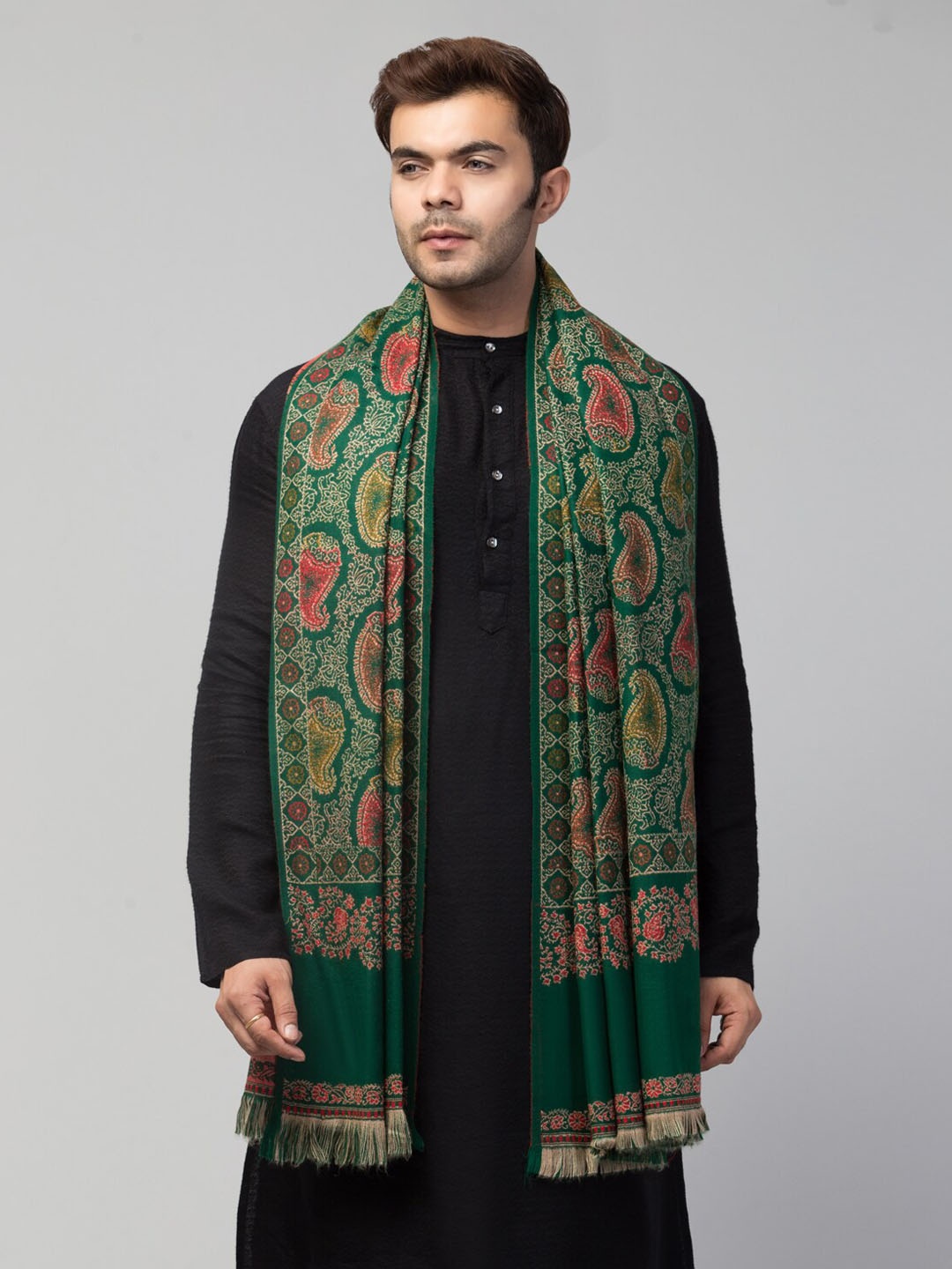 

Tweedle Men Woven Paisely Design Wool Shawl, Green