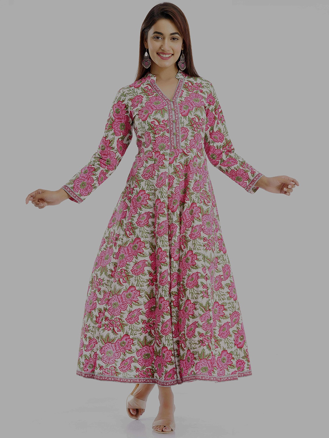 

PARCHHAI Floral Printed Cotton A-Line Ethnic Dress, Pink