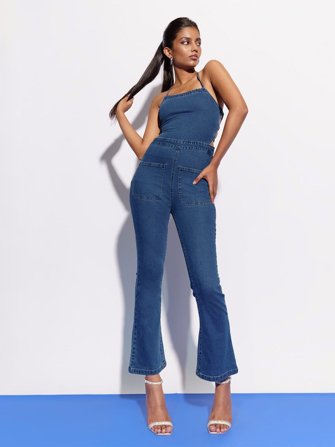 

FREAKINS Blue Halter Neck Cotton Jumpsuit
