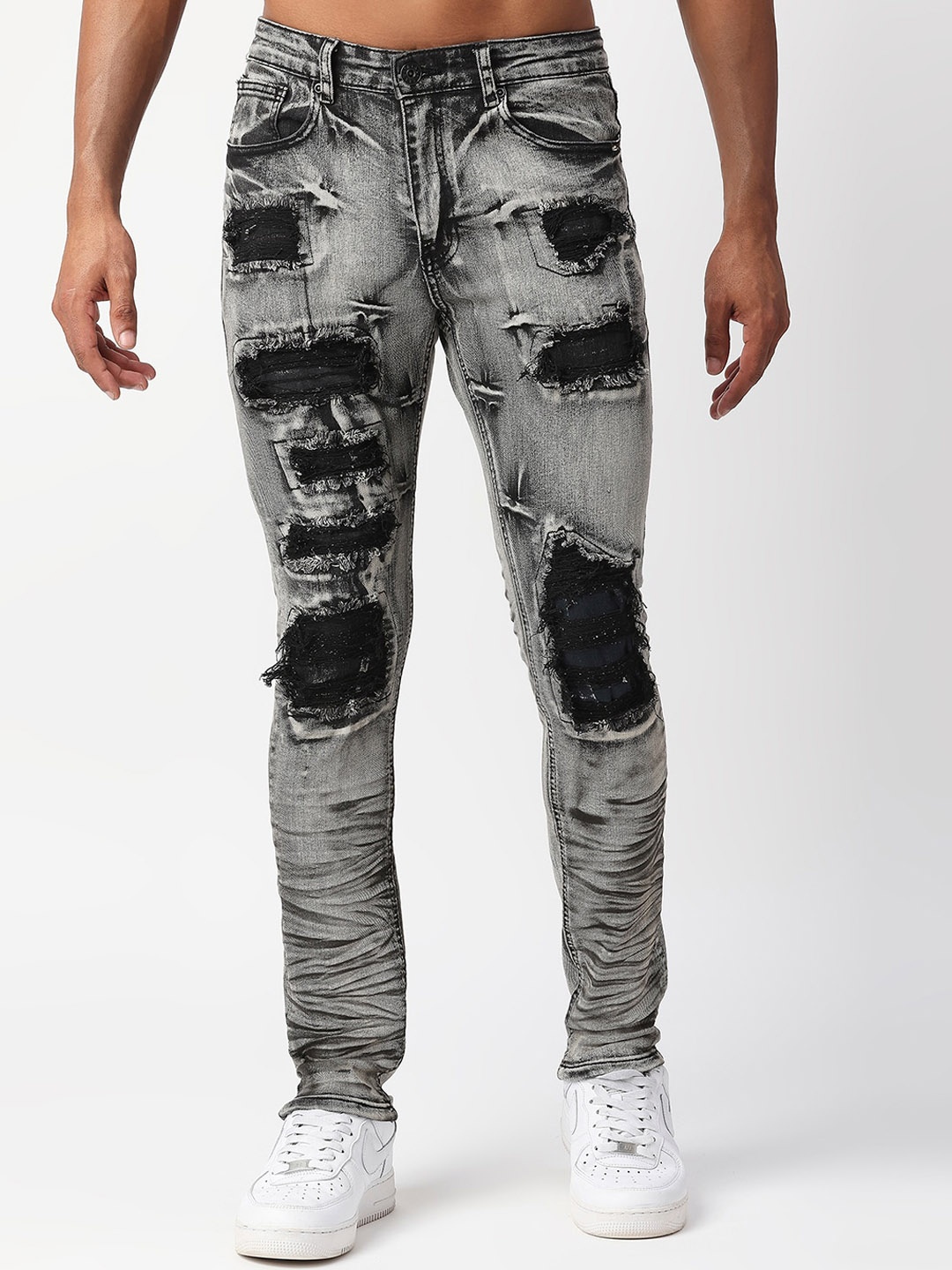 

WAIMEA Men Slim Fit Low Distress Heavy Fade Stretchable Jeans, Grey