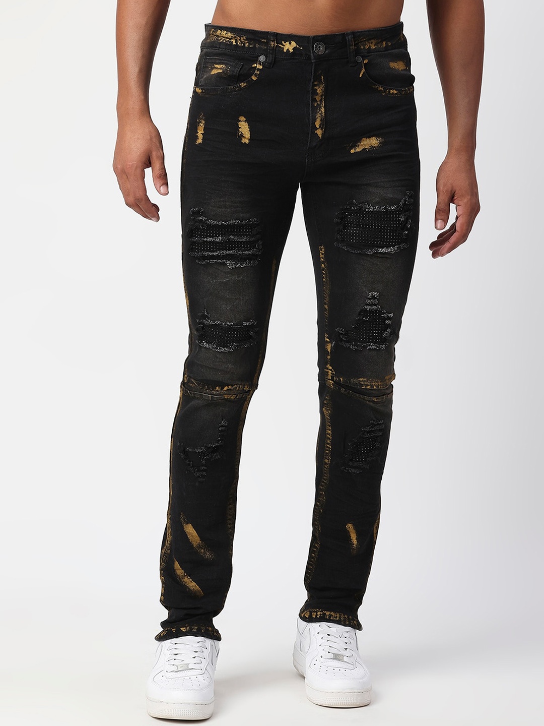 

WAIMEA Men Slim Fit Highly Distressed Light Fade Stretchable Jeans, Black