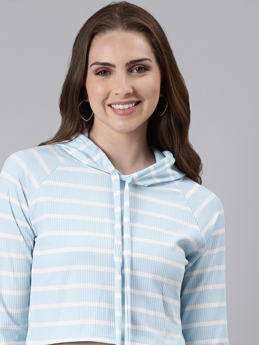 

SHOWOFF Striped Hooded Acrylic Crop Sweatshirt, Turquoise blue