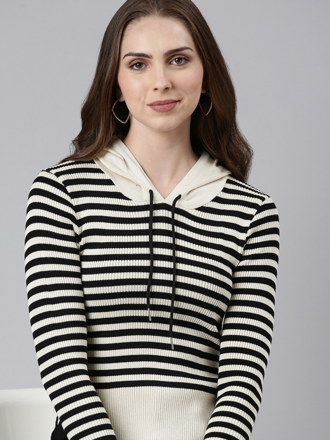

SHOWOFF Striped Hooded Acrylic Sweatshirt, Beige