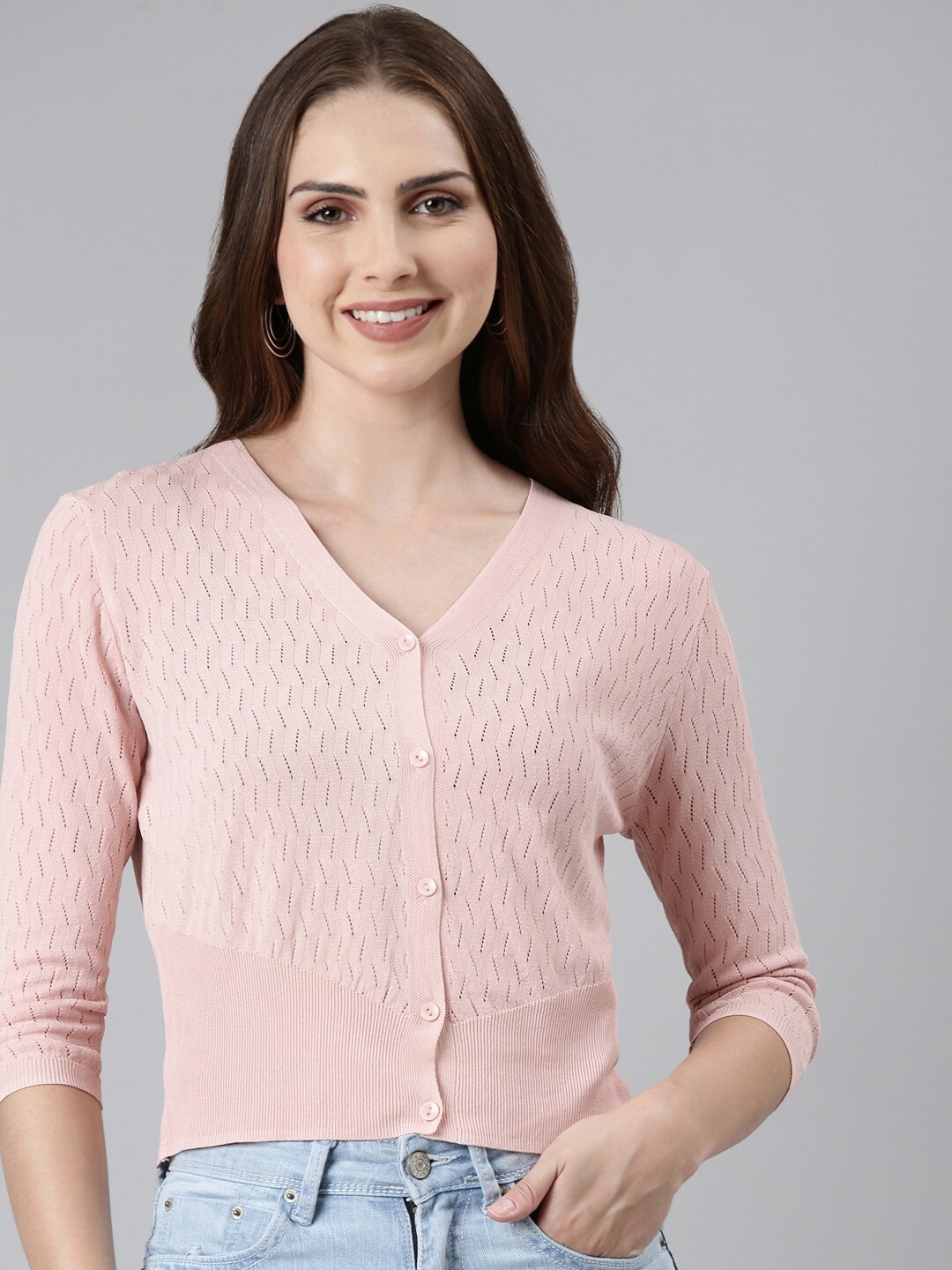 

SHOWOFF Self Design Crop Acrylic Cardigan, Pink