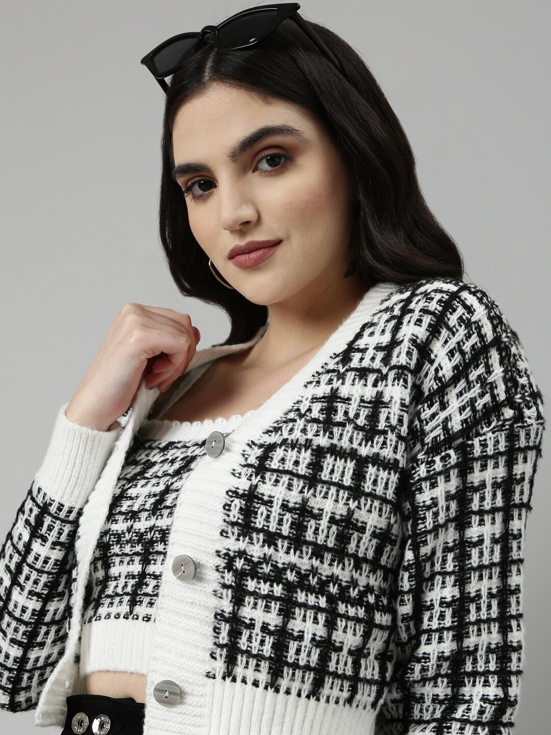 

SHOWOFF Women Cable Knit Woollen Crop Cardigan, White