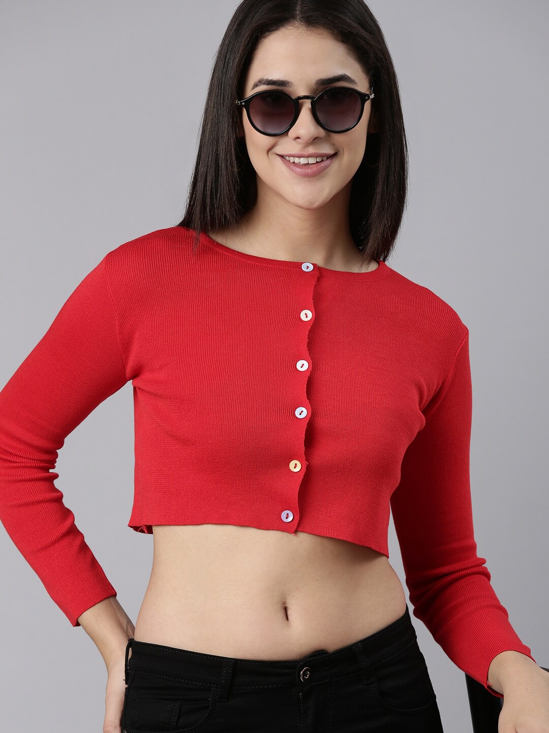 

SHOWOFF Ribbed Front-Open Crop Sweater, Red