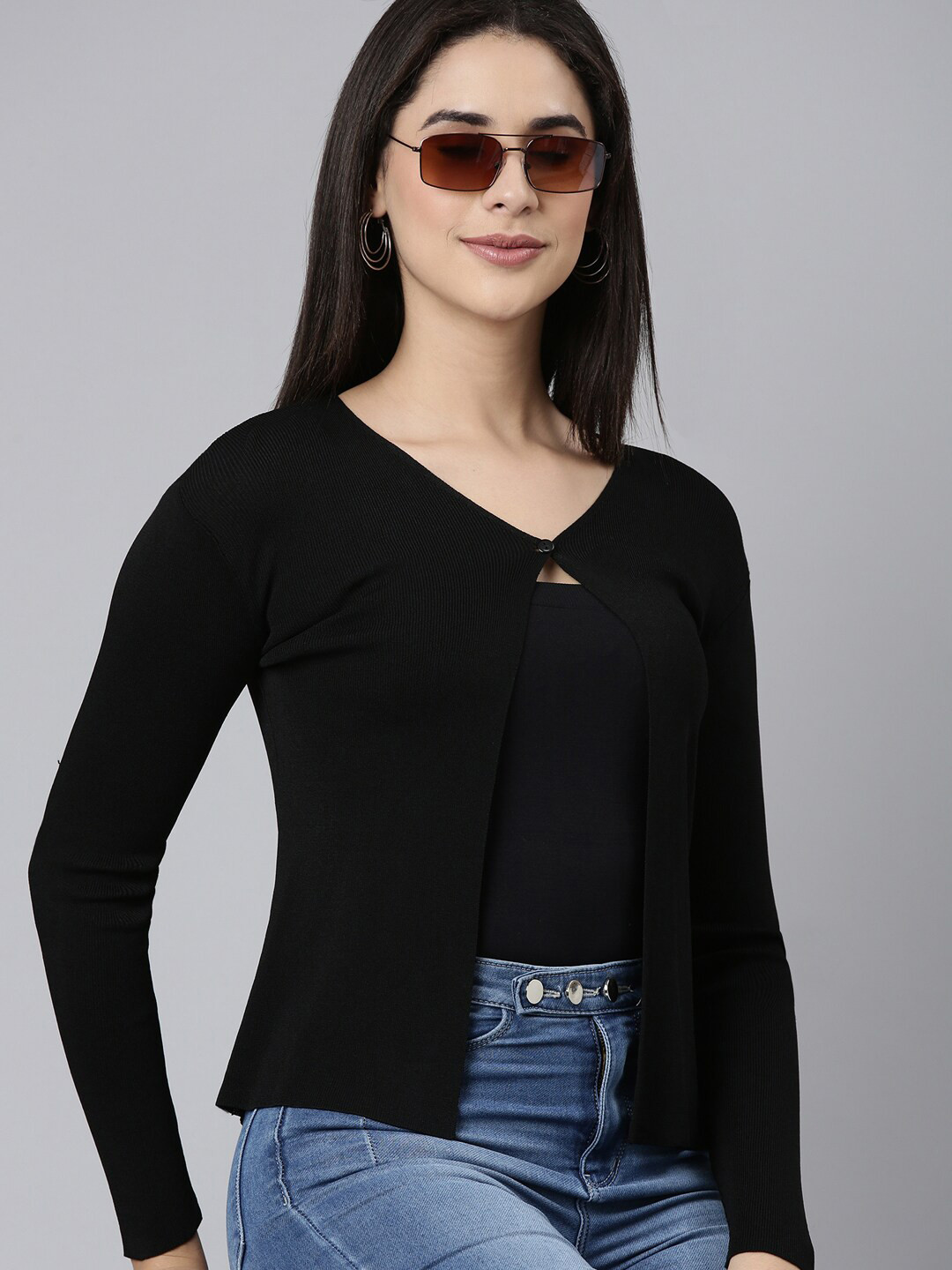 

SHOWOFF V-Neck Solid Front-Open Sweater, Black