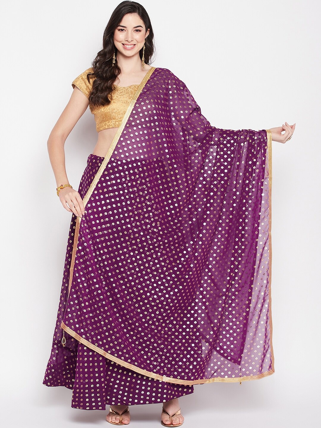 

Clora Creation Ethnic Motifs Foil Printed Georgette Flared Skirt with Dupatta, Purple