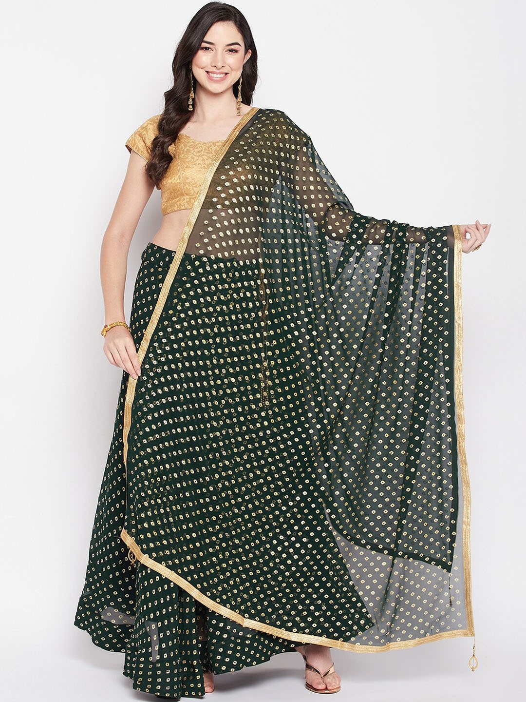 

Clora Creation Printed Georgette Flared Skirt With Dupatta, Green