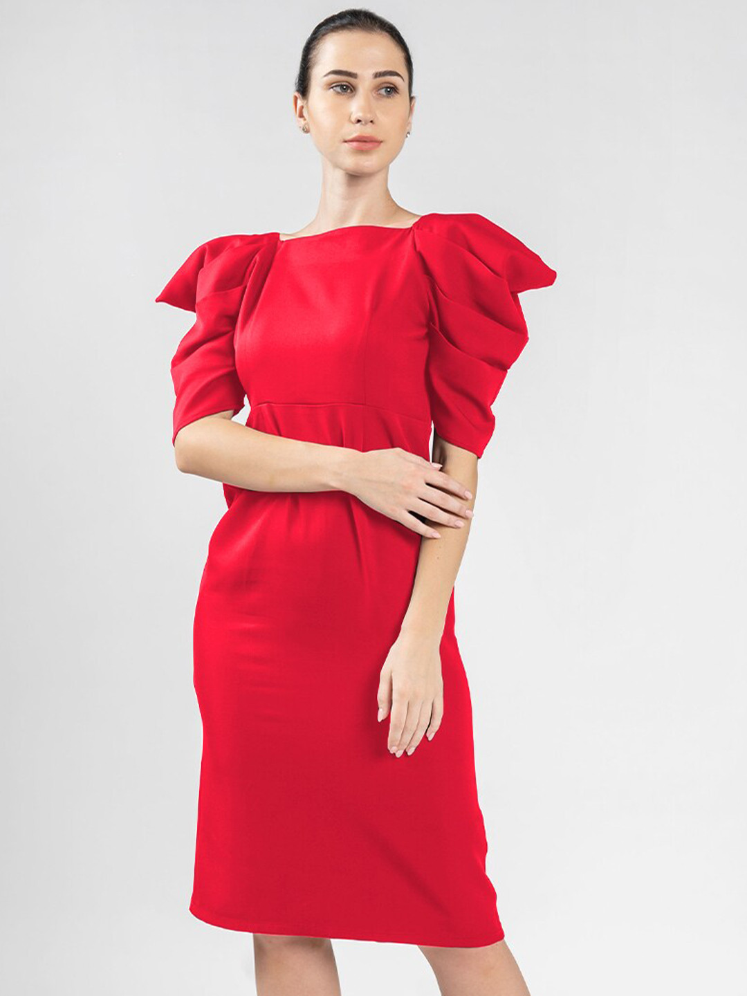 

Samshek Square Neck Puff Sleeve Crepe Sheath Dress, Red