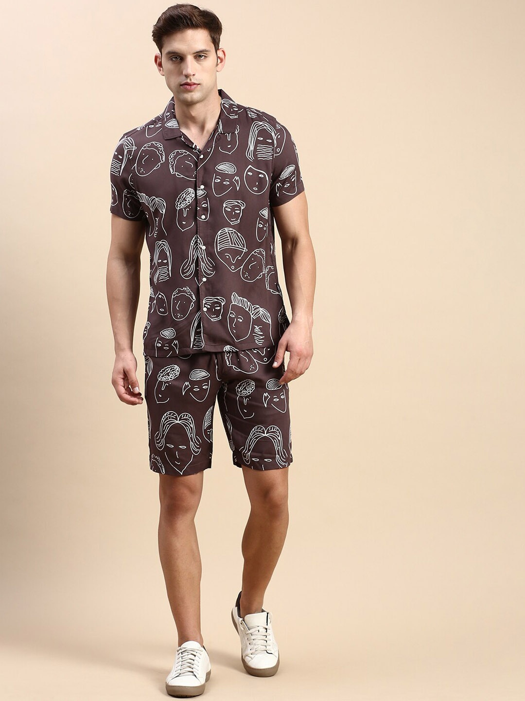 

SHOWOFF Printed Shirt With Shorts Co-Ords, Coffee brown