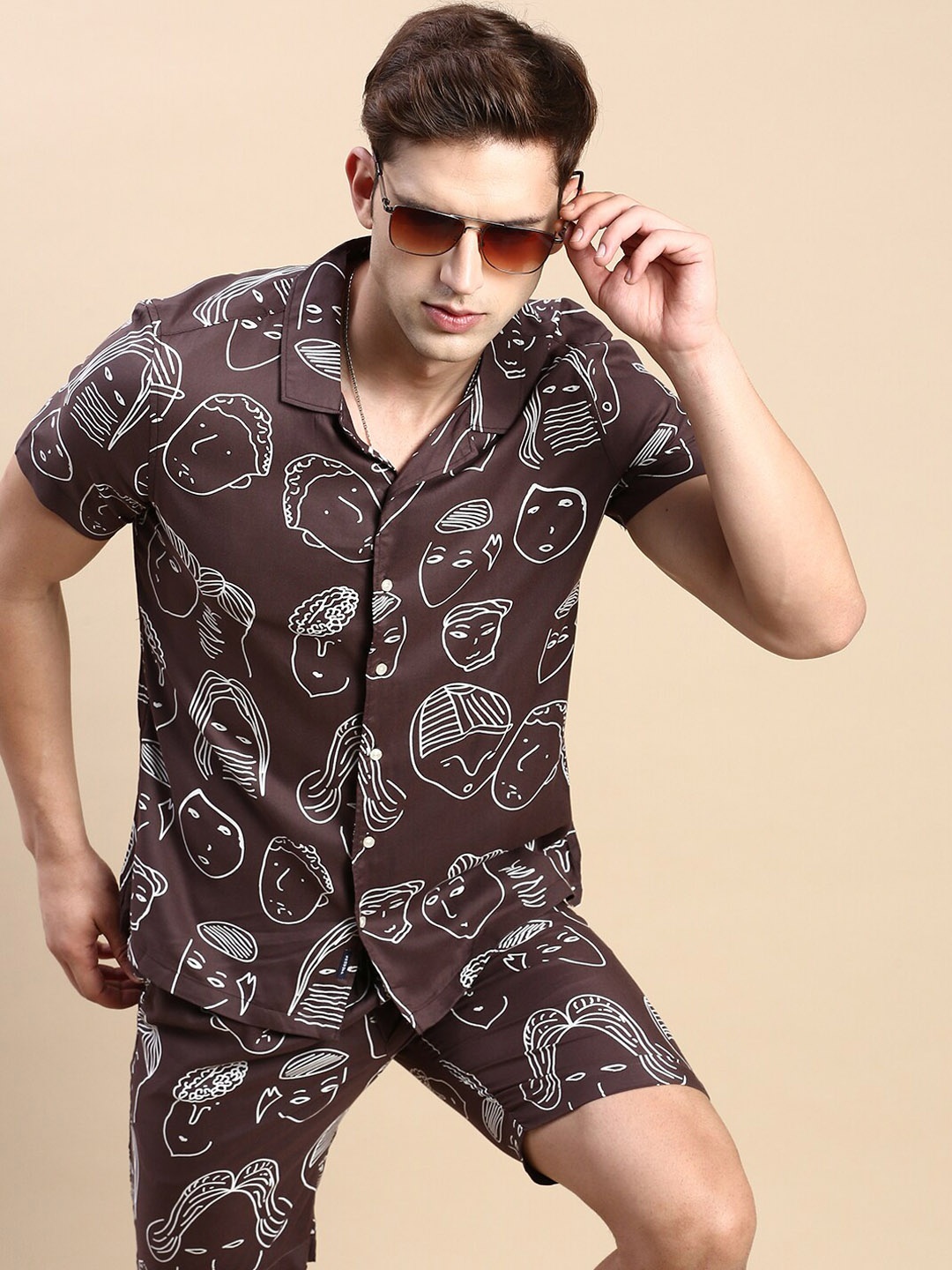 

SHOWOFF Printed Shirt With Shorts Co-Ords, Coffee brown