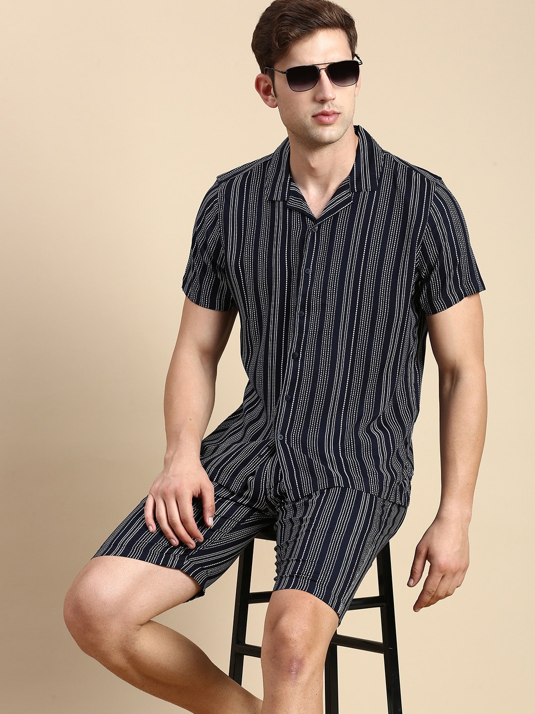 

SHOWOFF Stripes Printed Shirt With Shorts Co-Ords, Navy blue