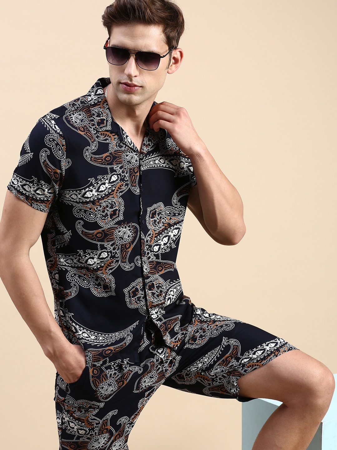 

SHOWOFF Printed Shirt With Shorts Co-Ords, Navy blue