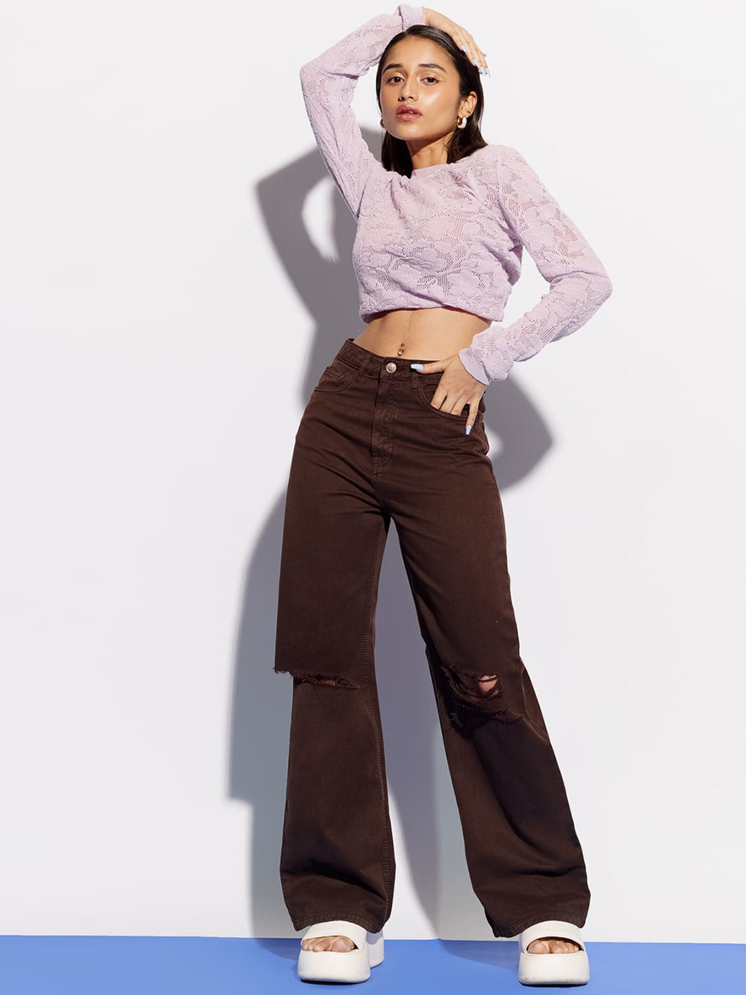 

FREAKINS Women Straight Fit High-Rise Slash Knee Cotton Jeans, Coffee brown