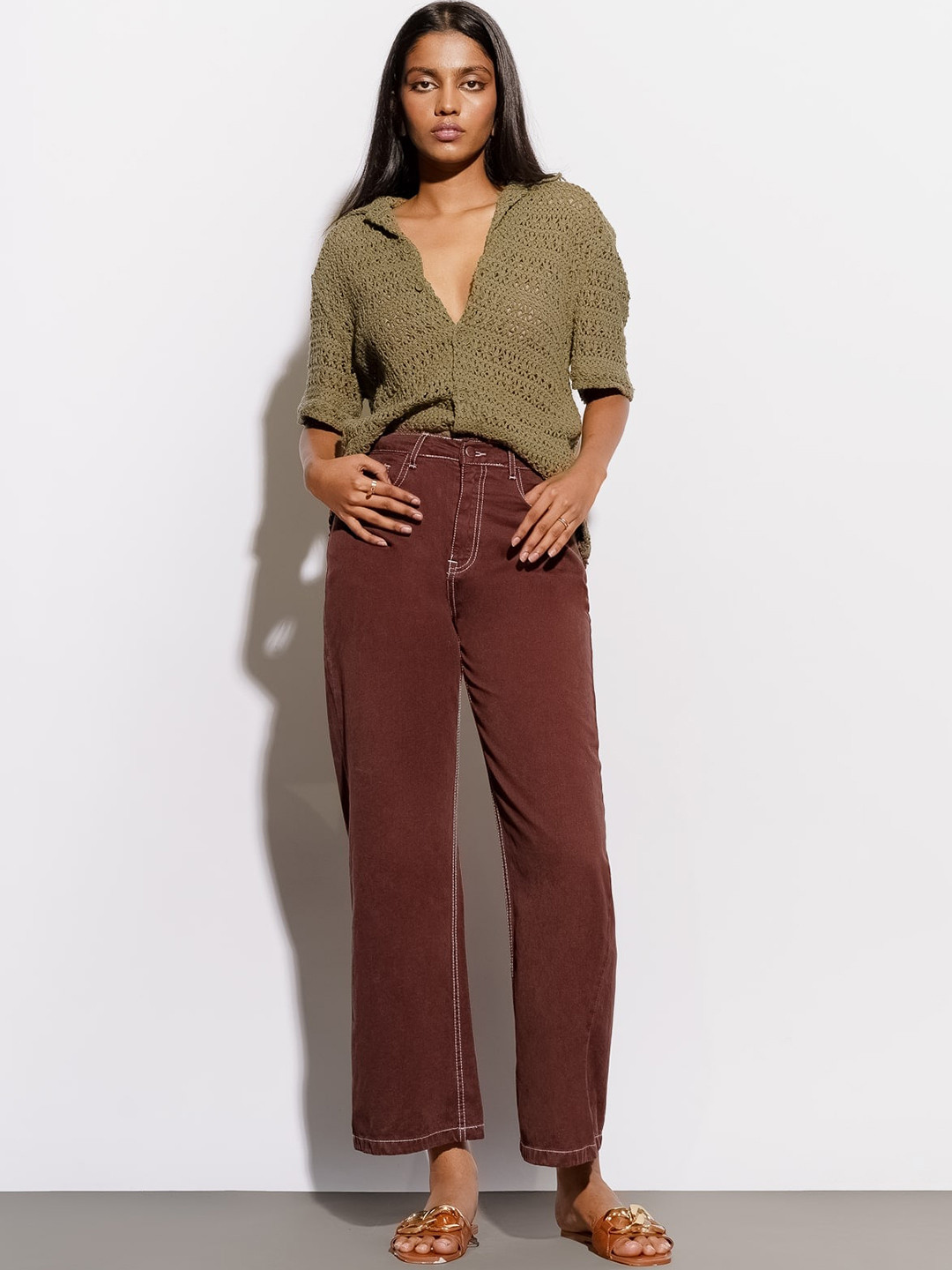 

FREAKINS Women Wide Leg High-Rise Cotton Jeans, Brown
