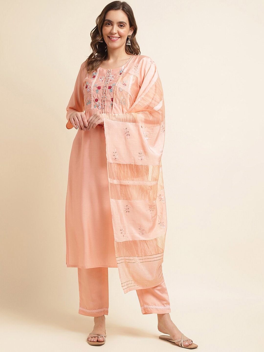

Ishin Peach Yoke Design Regular Thread Work Pure Silk Kurta with Trousers & Dupatta