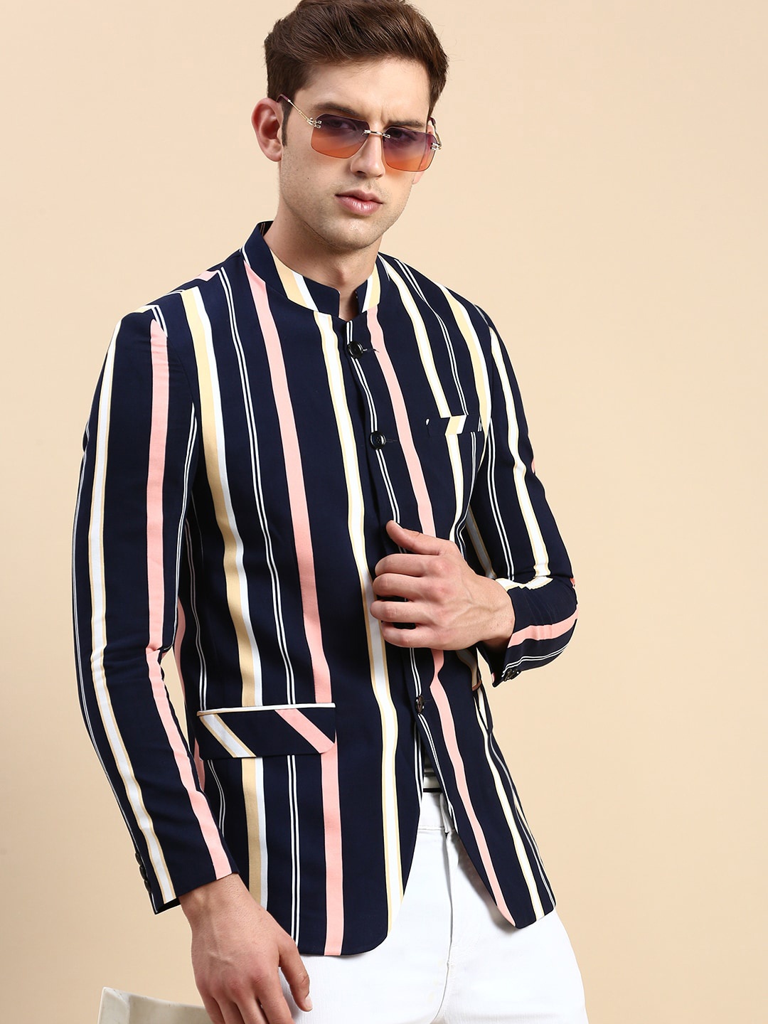 

SHOWOFF Striped Slim Fit Bandhgala Blazer, Navy blue