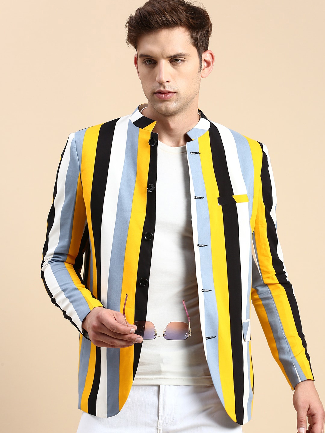 

SHOWOFF Striped Slim-Fit Bandhgala Blazer, White