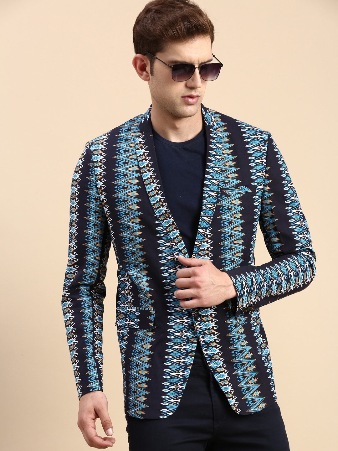 

SHOWOFF Printed Slim-Fit Single Breasted Blazer, Navy blue